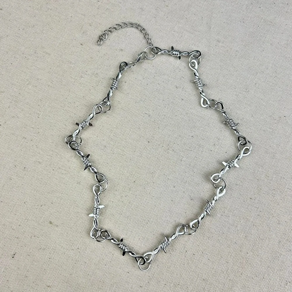 Vintage Y2K silver barbed wire opium cyber punk style necklace barb wire